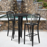 Flash Furniture CH-51080BH-2-30VRT-BK-GG 24" Round Metal Bar Table Set with 2 Vertical Slat Back Barstools in Black